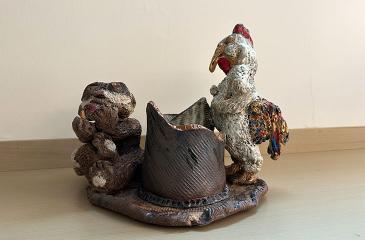 Chook and Rocco clay sculpture by Donna Ray